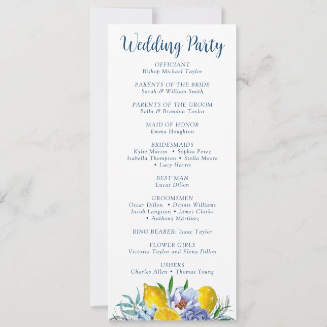 Elegantes Floral Lemon Hochzeitsprogramm Einladung (Rückseite)