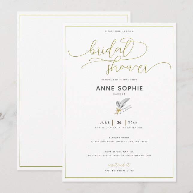 Elegantes Floral Lily Gold Calligraphy Brautparty Einladung (Vorne/Hinten)
