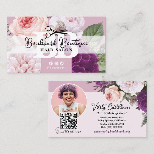 Elegantes Floral Mauve Hair Salon Stylist Foto QR Visitenkarte (Vorne/Hinten)
