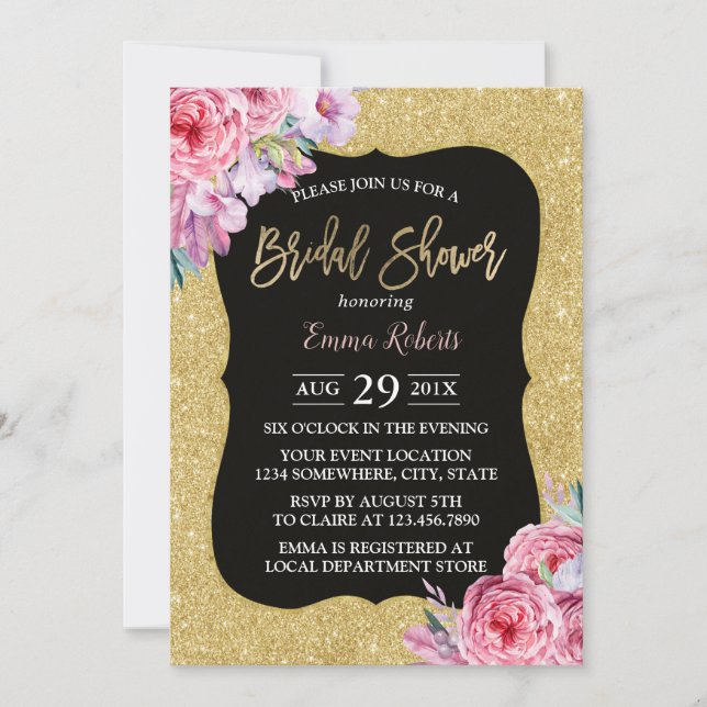 Elegantes Floral Modern Gold Glitzer Brautparty Einladung (Vorderseite)