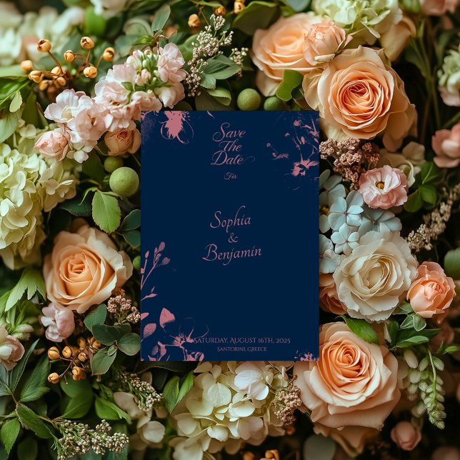 Elegantes Floral Navy Blue & Rose Gold Save the Da Einladung (Von Creator hochgeladen)