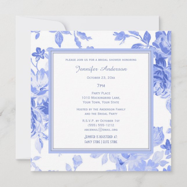 Elegantes Floral Periwinkle Blue Brautparty Einladung (Vorderseite)