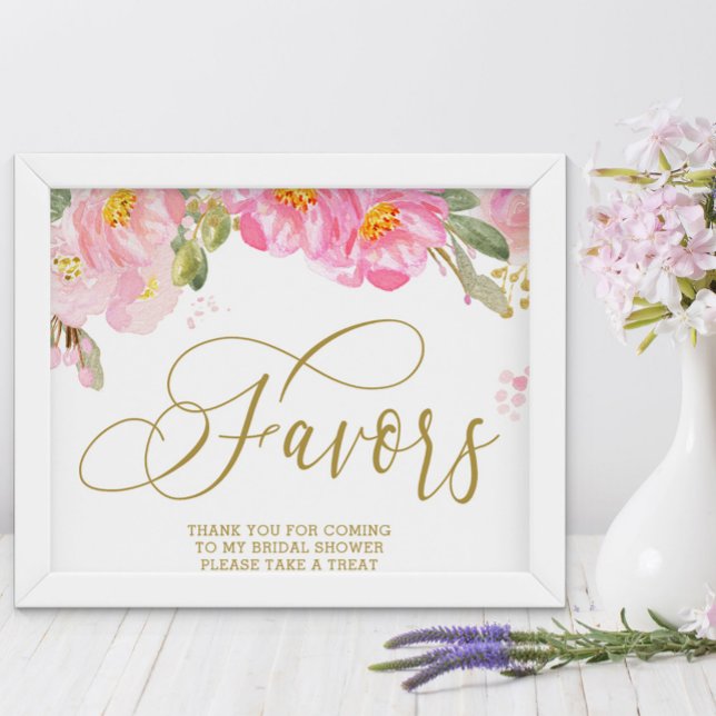 Elegantes Floral Pink Gold Favoriten Zeichen Poster (Favor table sign from my Pink and Gold Watercolor Floral Collection)