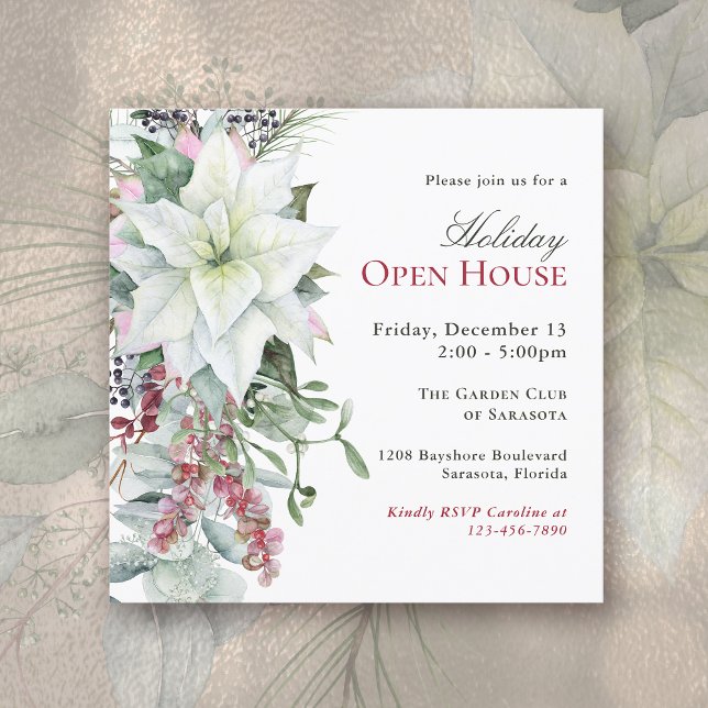 Elegantes Floral Poinsettia Holiday Open House Einladung (Available in both printed and instant download digital formats.)