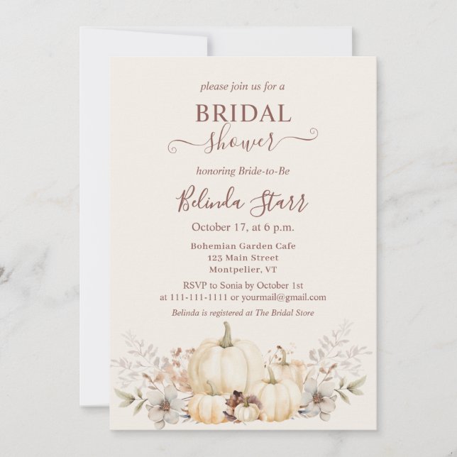 Elegantes Floral Pumpkins Fall Brautparty Einladung (Vorderseite)