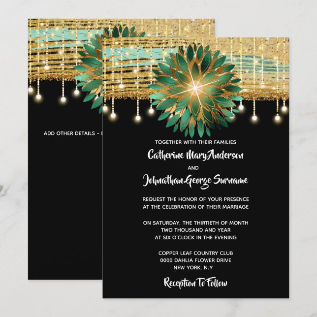 Elegantes Floral schwarzes Gold aquamarine blaue H Einladung (Vorne/Hinten)