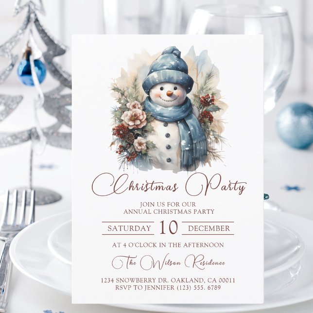 Elegantes Floral Snowman Weihnachts-Party Einladung (Von Creator hochgeladen)
