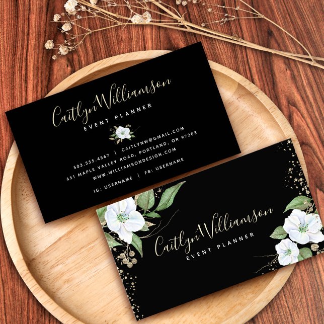 Elegantes Floral Watercolor Modernes Schwarzes Gol Visitenkarte (Von Creator hochgeladen)
