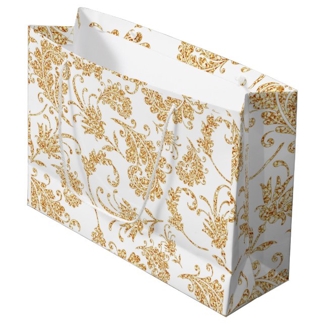 Elegantes Floral White Gold Große Geschenktüte (Vorderseite Schrägansicht)