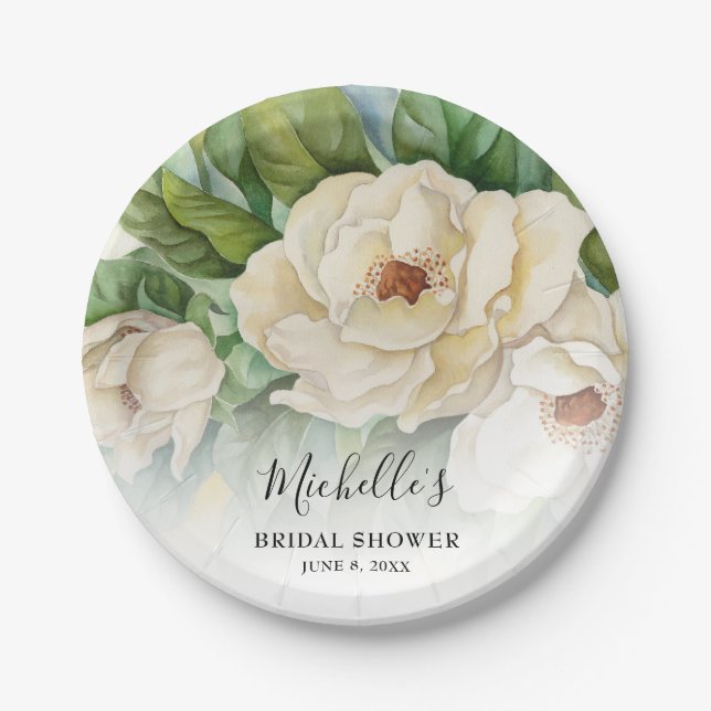 Elegantes Floral White Magnolia Brautparty Name Pappteller (Vorderseite)