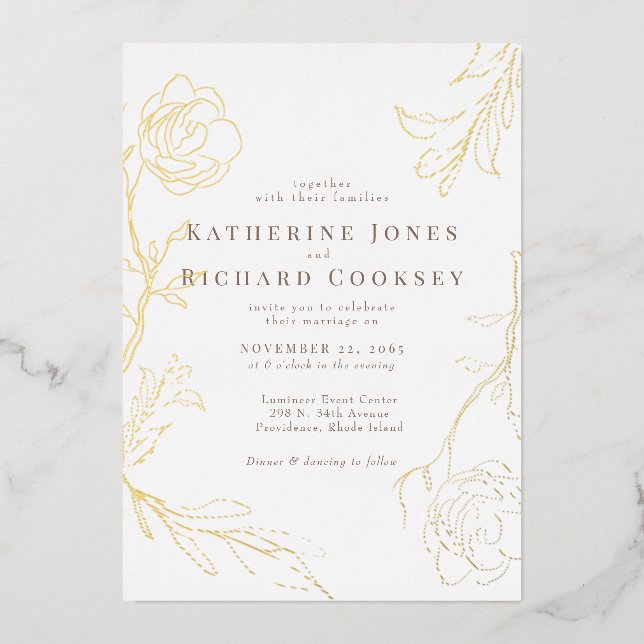 Elegantes Floral White Wedding Gold Folieneinladung (Vorderseite)