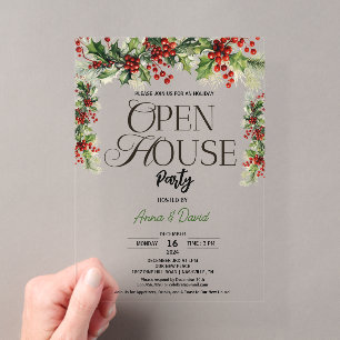 Elegantes Floral Xmas Holly Weihnachts-Open House Acryleinladungen