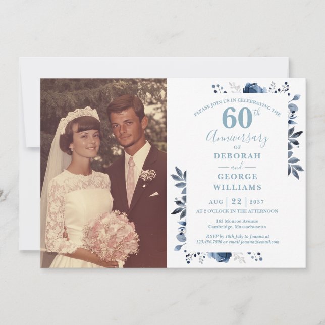 Elegantes florales 60-jähriges Hochzeitsszenario-F Einladung (Vorderseite)