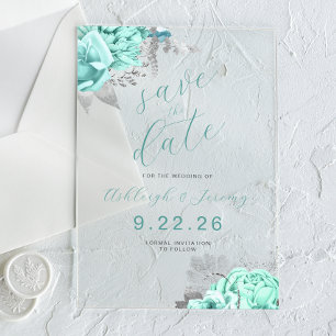 Elegantes Florales Aqua Silber Save-the-Date Acryleinladungen