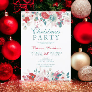 Elegantes florales Aquarell Rotes Grün Weihnachten Einladung
