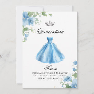 Elegantes Florales Blaues Quinceañera-Wasserfarben Einladung