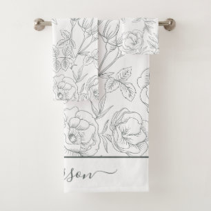 Elegantes, florales, botanisches, graues Monogramm Badhandtuch Set