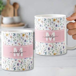 Elegantes florales botanisches Skript-Monogramm Kaffeetasse