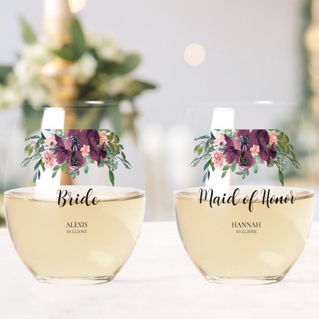 Elegantes florales Bride Trauzeugin Brautparty Weinglas Ohne Stiel (Von Creator hochgeladen)