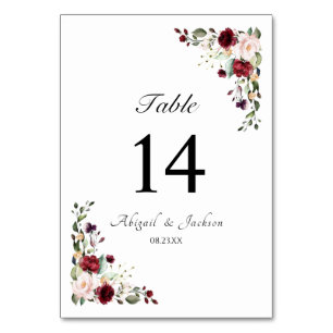 Elegantes florales Burgund Hochzeitsempfang Tischnummer