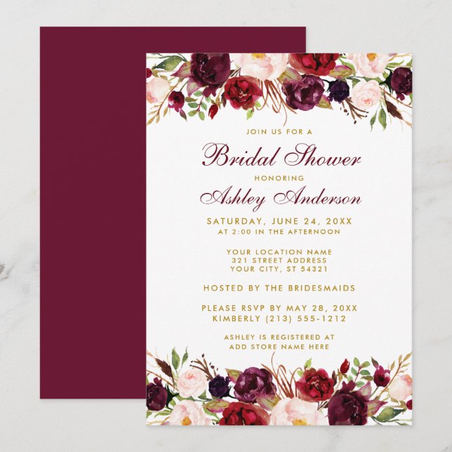 Elegantes florales Burgundy Gold Brautparty Einladung (Vorne/Hinten)