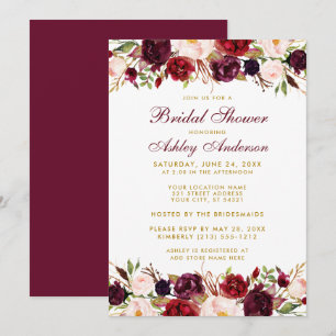 Elegantes florales Burgundy Gold Brautparty Einladung