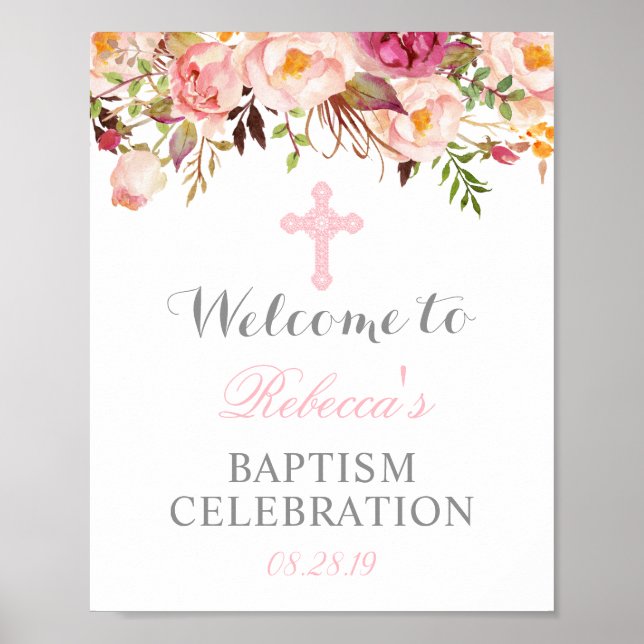 Elegantes florales Christening Taufen Willkommensz Poster (Vorne)