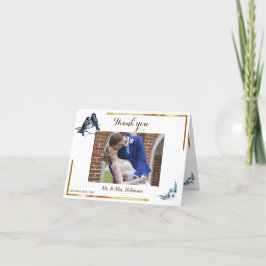 Elegantes florales Dusty Blue Birds Foto Hochzeit Dankeskarte