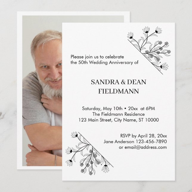 Elegantes florales Foto Hochzeit 50 Jahre Einladung (Vorne/Hinten)