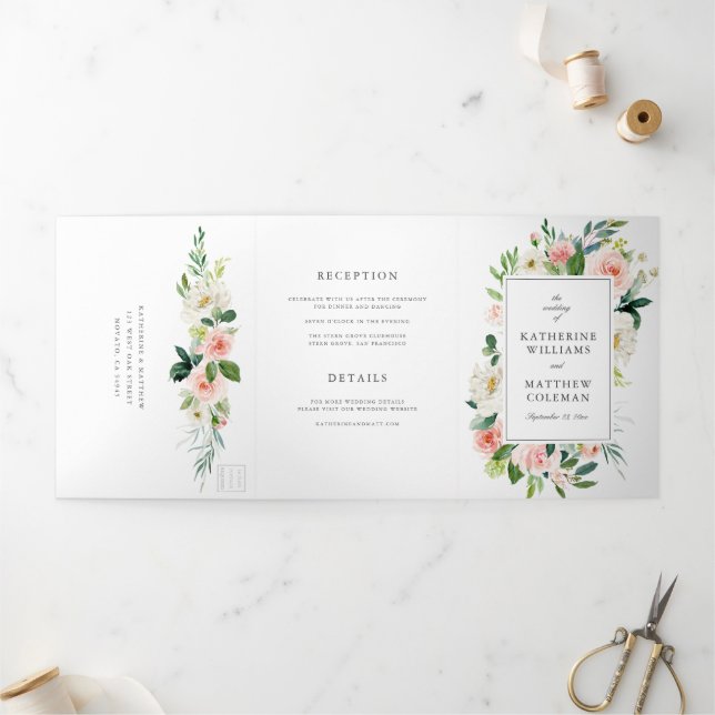 Elegantes, florales Foto-Hochzeit Dreifach Gefaltete Einladung (Außenbereich)
