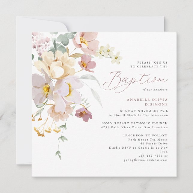 Elegantes florales Foto Taufen Einladung (Vorderseite)