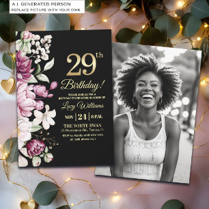 Elegantes Florales Gold 29 Geburtstagsfoto Einladung