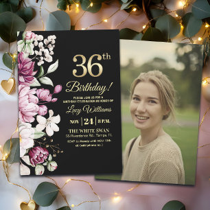 Elegantes Florales Gold 36 Geburtstagsfoto Einladung