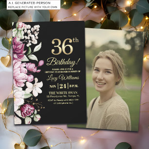 Elegantes Florales Gold 36 Geburtstagsfoto Einladung