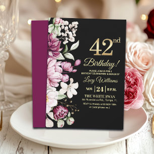 Elegantes Florales Gold 42 Geburtstagsfeier Einladung