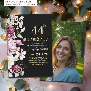 Elegantes Florales Gold 44 Geburtstagsfoto Einladung
