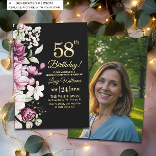 Elegantes Florales Gold 58 Geburtstagsfoto Einladung