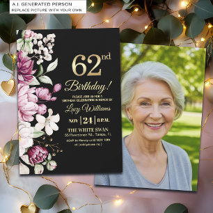 Elegantes Florales Gold 62 Geburtstagsfoto Einladung