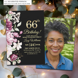 Elegantes Florales Gold 66 Geburtstagsfoto Einladung