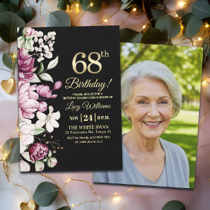 Elegantes Florales Gold 68 Geburtstagsfoto Einladung