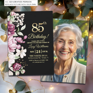 Elegantes Florales Gold 85 Geburtstagsfoto Einladung