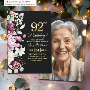 Elegantes florales Gold 92 Geburtstagsfoto Einladung