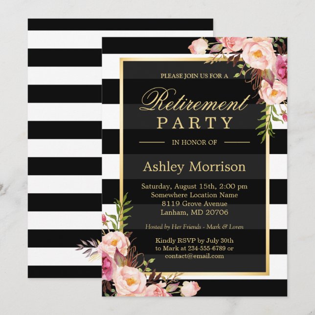 Elegantes florales Gold Black Stripes Retirement P Einladung (Vorne/Hinten)