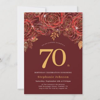 Elegantes Florales Gold Burgund 70. Geburtstag Einladung