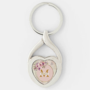 Elegantes florales goldenes Monogramm Herz, Name & Schlüsselanhänger