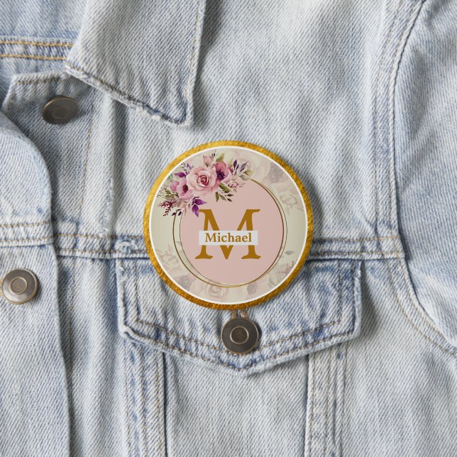 Elegantes florales goldenes Monogramm | Name & Ini Button (Beispiel)
