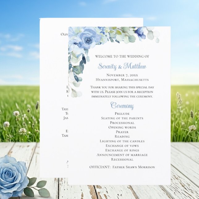 Elegantes florales Hochzeitsprogramm Blaue Aquarel (Von Creator hochgeladen)