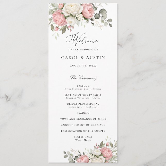 Elegantes Florales Hochzeitsprogramm Rosa Grün Programm (Vorderseite)