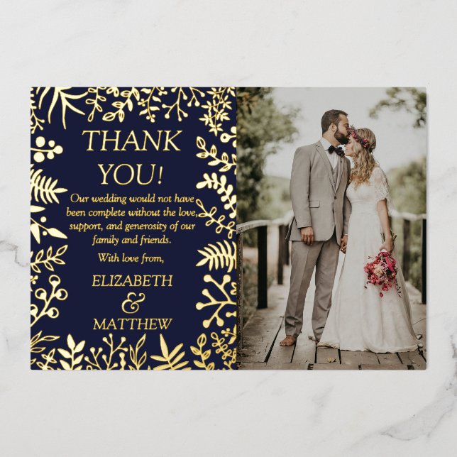 Elegantes florales Hochzeitssemble Foto Vielen Dan Folieneinladung (Vorderseite)
