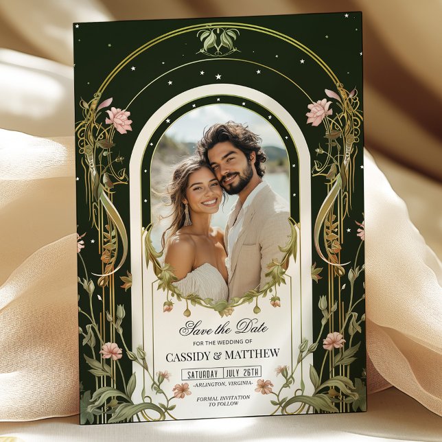 Elegantes florales Jugendstil-Save the Date Foto Einladung (Von Creator hochgeladen)